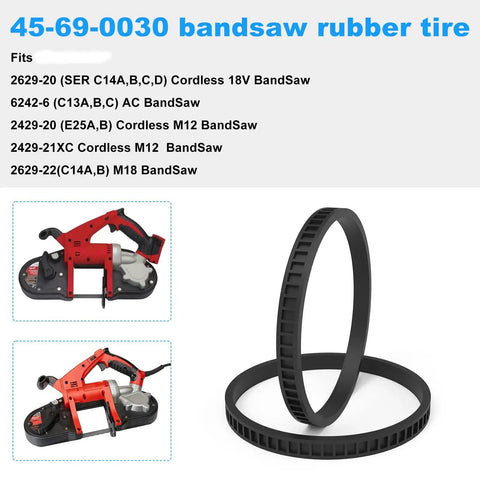 Replacement 4 Inch Rubber Bandsaw Tire Set Pack Of 4 For Compact Saws Fits 2629 20 2629 22 6242 6 2429 20 2429 21XC 45 69 0030 Beefed Up Durable Rubber Tires shown with bandsaw.