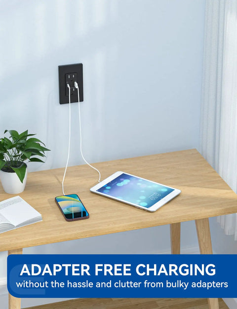 High Power USB Outlet Receptacle With 20W USB C PD And 18W USB A Quick Charge Dual USB Ports 15 Amp Wall Socket in use on table
