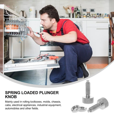 Man using Premium Quality Two Piece Stainless Steel Indexing Plungers With Knurled Grip Handles near a dishwasher repair.