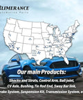 Map of the US highlighting Limorance Automotive Parts locations, blue sports car on road, product list at bottom.