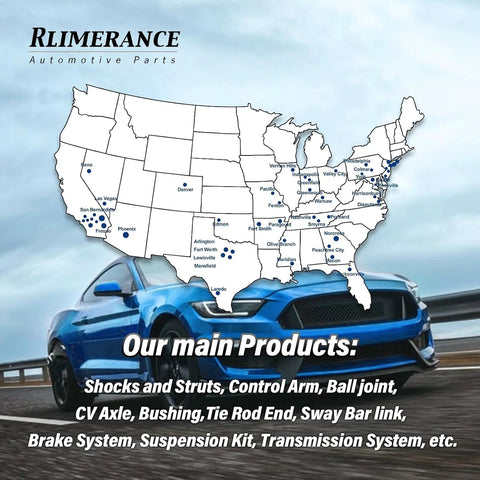 Map of the US highlighting Limorance Automotive Parts locations, blue sports car on road, product list at bottom.
