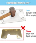 Bubble License Plate Protector With Black Stainless Steel Frame For Motorcycles showing durability comparison with hammer test.