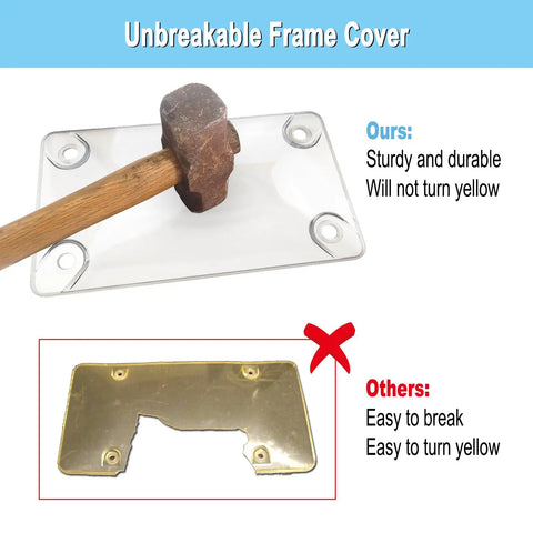 Bubble License Plate Protector With Black Stainless Steel Frame For Motorcycles showing durability comparison with hammer test.