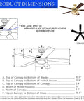 52 Inch Vintage Indoor Ceiling Fan With Dimmable LED Light And Clear Ribbed Glass, Polished Brass Finish, Dimensions Diagram