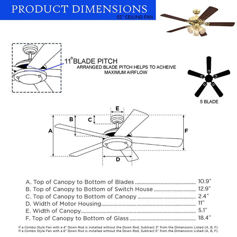 52 Inch Vintage Indoor Ceiling Fan With Dimmable LED Light And Clear Ribbed Glass, Polished Brass Finish, Dimensions Diagram