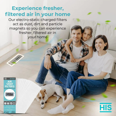 Family with dog enjoying clean air indoors with 4 By 12 Inch Home Air Vent Filters Pack Of 12 For Floor Register Vents visible