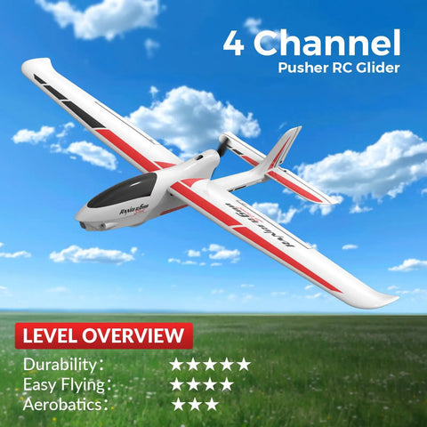 RC Glider Plane 4Ch With 6 Axis Gyro For Beginners, 3 Flight Modes And Aerobatics, flying over a field against blue sky