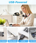 2 Pack Neck Fan Portable Rechargeable Personal Cooling around neck on woman using laptop, USB-powered options shown