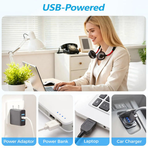 2 Pack Neck Fan Portable Rechargeable Personal Cooling around neck on woman using laptop, USB-powered options shown