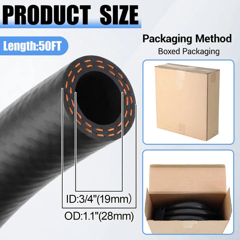 Grease Monkey Approved 3/4 Inch Car Heater Hose Delivering A Full Fifty Foot Run Of Premium Epdm Coolant Radiator Tubing Rated At Eighty Five Psi With Flexible Two Ply Design Built For Quick Shop Fixes And Smooth Highway Cruising showing size and dimensions.