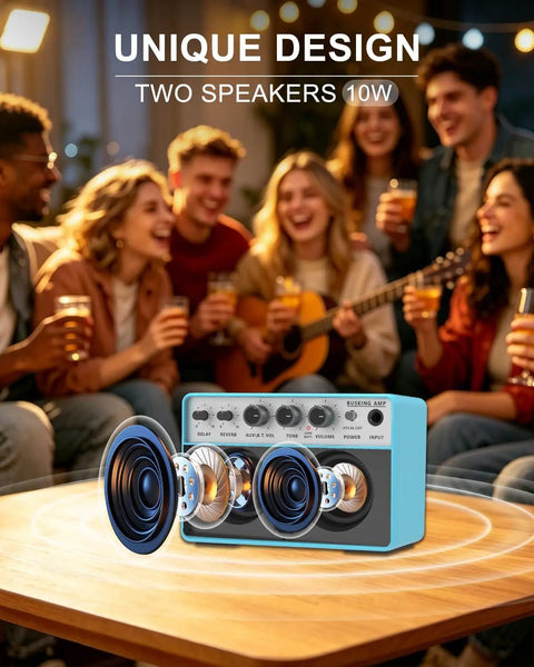 10W Portable Acoustic Guitar Amp With Dual One Quarter Inch Inputs For Guitar And Microphone, in a social gathering setting.