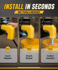 Installation steps for Table Saw Dust Collector Adapter For DWE7485 2.5 Inch Port Snap On Design with bucket capturing sawdust.