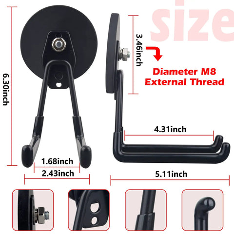 Heavy Duty Magnetic Tool Hooks Set, 2 Pack Neodymium Hangers For Saws Drills Hammers Hose And Garden Tools, large 3.46 inch black magnetic hooks dimensions and design details
