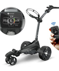 Top Tier Remote Control Electric Golf Push Cart With A Slick Automotive Design And Rock Solid Adjustable Speeds Featuring A Wide Digital Display for easy navigation.