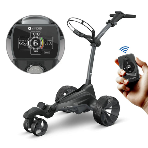 Top Tier Remote Control Electric Golf Push Cart With A Slick Automotive Design And Rock Solid Adjustable Speeds Featuring A Wide Digital Display for easy navigation.