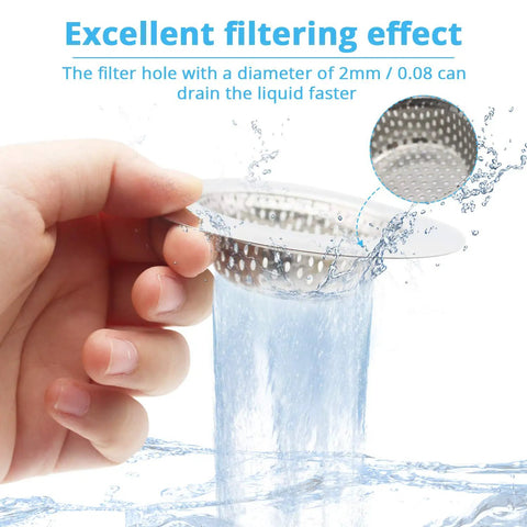 Hand holding Stainless Steel Sink Strainer Basket 2.25 Inch Drain Cover For Kitchen And Bathroom in water flow