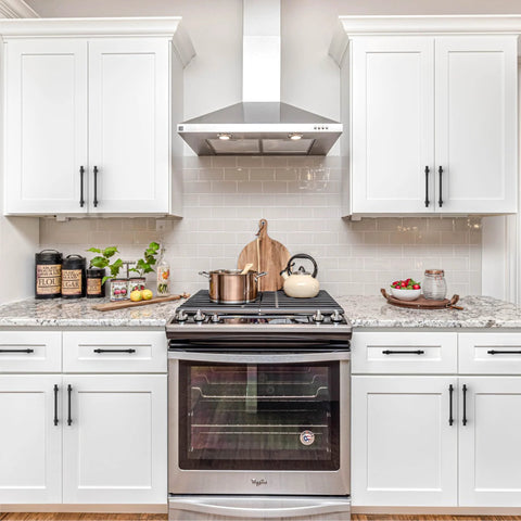 Modern kitchen with Matte Black Cabinet Pulls 5 Inch Center To Center Zinc Alloy Kitchen Cabinet Handles 10 Pack installed on white cabinets