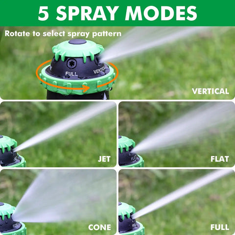 Two Pack Gear Drive Sprinklers With Metal Spike Base, 5 Pattern Heavy Duty Garden Watering System showing spray modes