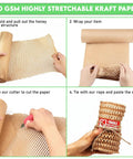 80 GSM highly stretchable kraft paper being unrolled and wrapped around item, secured with jute twine and fragile sticker visible