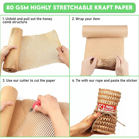 80 GSM highly stretchable kraft paper being unrolled and wrapped around item, secured with jute twine and fragile sticker visible