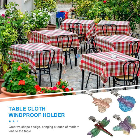 Alloy Tablecloth Clips Eight Pack 2.36 Inch Wide Non Slip Outdoor Tablecloth Holders for Patio Garden Picnic And Camping, Windproof Secure Fit With Fixed Weights shown on garden tables