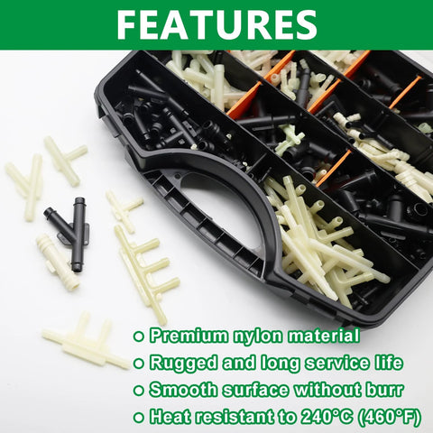 Aienxn nylon vacuum connector kit in plastic organizer; 32 sizes, 1/8–3/8 in hose fittings.