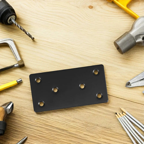Heavy Duty Black Stainless Steel Corner Braces Rock Solid 10 Pack Flat Straight Brackets For Wood Shelves with tools around it