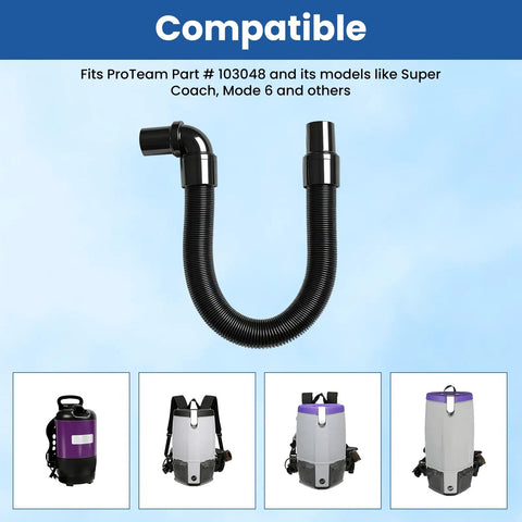 Static Dissipating Backpack Vacuum Hose With One And A Half Inch Cuffs, Sixteen Inch Length, 90 Degree Elbow, Compatibility Shown