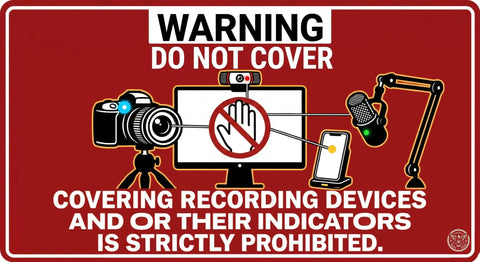 Warning sign against covering cameras and microphones, not for Maximum Light Dimming Shapes For Routers And Electronics Blocks 100 Percent.