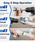 Real Deal Three Piece PVC Pipe Threader Kit With Internal And External Thread Cutter For 1/2 3/4 1 Inch Plastic Pipes Drill Ready No Sweat Plumbing Tools demonstrating easy 3-step operation.