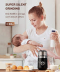 Woman using Electric Super Silent Blade Coffee Grinder With Timed Grind Control Rotary Knob near a sleeping baby