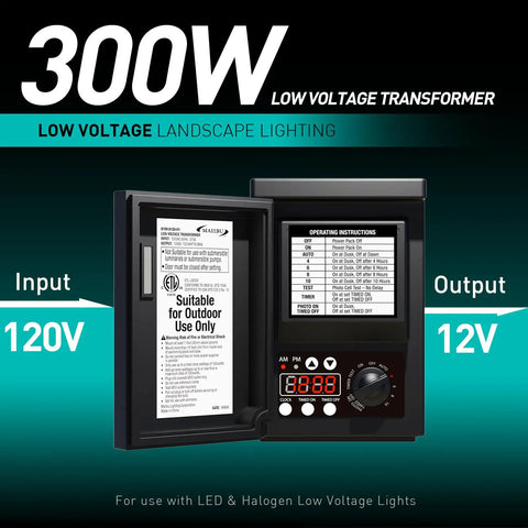 300 Watt Outdoor Landscape Lighting Transformer With Sensor And Weather Shield For Low Voltage Systems Five Modes Dusk To Dawn And Timed Settings 120V In 12V Out For Pathway Garden Backyard Lighting open panel viewing settings