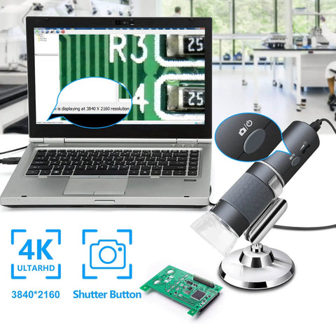 4K Wireless Microscope With 50X To 1000X Zoom For iPhone Android PC USB Digital Endoscope Camera Dope Wireless HD Microscope Plug And Play Compatible With All Cellphones Tablets Windows Mac Chrome Linux on laptop with PCB close-up