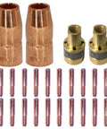 0.030 Inch MIG Welding Gun Accessory Kit With 20 Contact Tips 000-067, 2 Gas Nozzles 169-715, And 2 Gas Diffusers 169-716 For Millermatic M-10 M-15 And Hobart H-9 H-10 Welders Replacement Parts For Your Workshop, showing tips, nozzles, and diffusers.