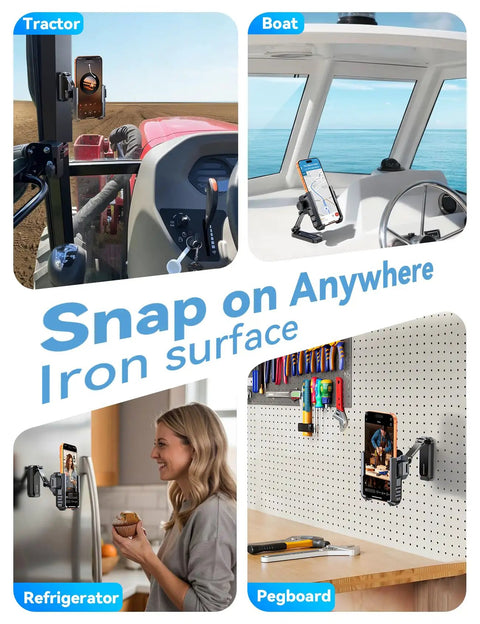 Double Fold Golf Cart Phone Holder Mount with 1 Second Lock Release used on tractor, boat, refrigerator, pegboard surfaces.