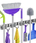 Heavy Duty Wall Mount Broom And Mop Organizer With Five Clamps And Four Hooks Stainless Steel Cleaning Tool Rack loaded