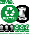 Image of 3 Recycling Stickers And 3 Trash Stickers For Trash Can Labels, Durable Vinyl Signs showing green recycling and black trash icons.