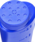 Top view of Heavy Duty Hand Held Spreader With Adjustable Hole Size For Seeds Fertilizer Salt Ice Melt And Pest Control Granules 2 Liter Capacity Includes Scoop Durable Garden Tool For Lawn Garden And Driveway Maintenance Blue showing blue cap and measurements on side
