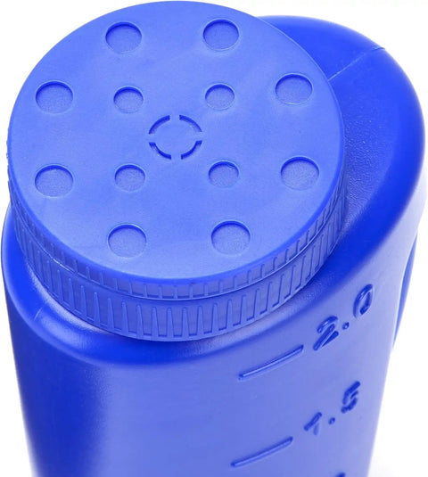 Top view of Heavy Duty Hand Held Spreader With Adjustable Hole Size For Seeds Fertilizer Salt Ice Melt And Pest Control Granules 2 Liter Capacity Includes Scoop Durable Garden Tool For Lawn Garden And Driveway Maintenance Blue showing blue cap and measurements on side