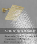 Brushed Gold Shower System With 8 Inch Rainfall Shower Head Single Handle Trim Kit And Rough In Valve For A Boss Level High Pressure Spa Vibe In Your Bathroom showcasing water flow