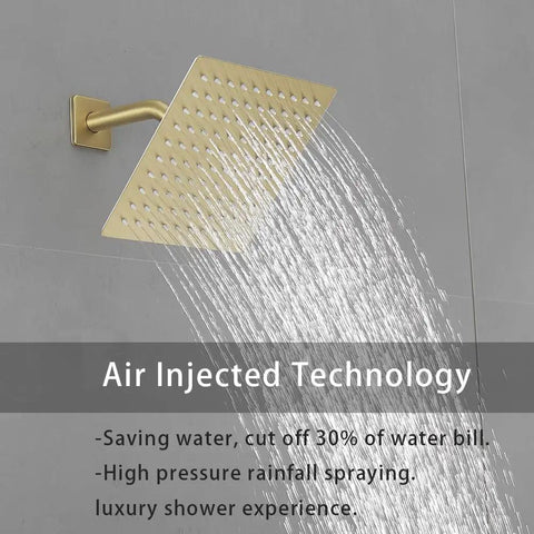 Brushed Gold Shower System With 8 Inch Rainfall Shower Head Single Handle Trim Kit And Rough In Valve For A Boss Level High Pressure Spa Vibe In Your Bathroom showcasing water flow