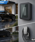 Drop Dead Sturdy EV Charger Cover With Weatherproof Lock Enclosure For Tesla Chargepoint And Grizzl E Plugs mounted on wall next to Tesla.