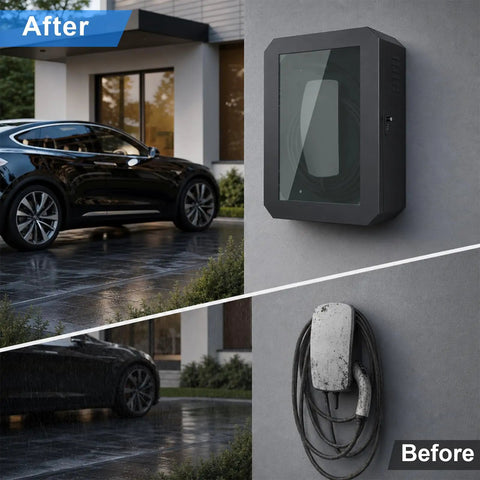 Drop Dead Sturdy EV Charger Cover With Weatherproof Lock Enclosure For Tesla Chargepoint And Grizzl E Plugs mounted on wall next to Tesla.
