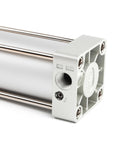 Close-up view of a Standard Pneumatic Air Cylinder 63 mm Bore 200 mm Stroke Double Acting With NPT Three Eighth Port Aluminum Body