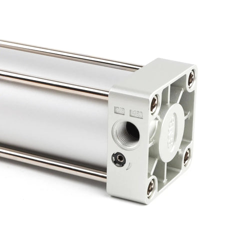Close-up view of a Standard Pneumatic Air Cylinder 63 mm Bore 200 mm Stroke Double Acting With NPT Three Eighth Port Aluminum Body