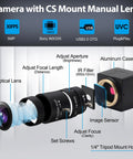Exploded view of 5MP USB Camera With 2.8 To 12mm Zoom Lens for machine monitoring, showing components like CS mount and IMX335 sensor