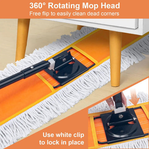 Heavy Duty Commercial Dust Mop With Extended Handle And Thick Cotton Pads For Slick Wet Or Dry Sweep And Badass Daily Cleanup Throughout Your Business Or Warehouse Space, 360° rotating mop head design.