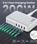 GaN III 8 Port USB C Charger Hub with 200W, showing four USB-C and four USB-A ports labeled with power outputs.