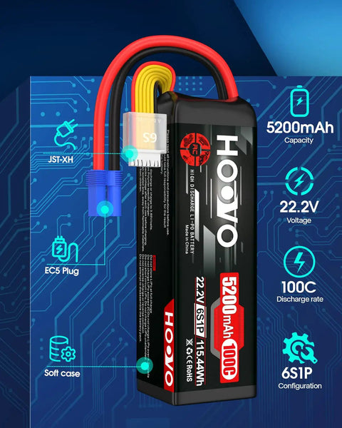 6S LiPo Battery 22.2V 5200mAh 100C EC5 Connector for RC Cars, Trucks, Truggies, Buggy, Boats, Planes and Helis 2 Pack