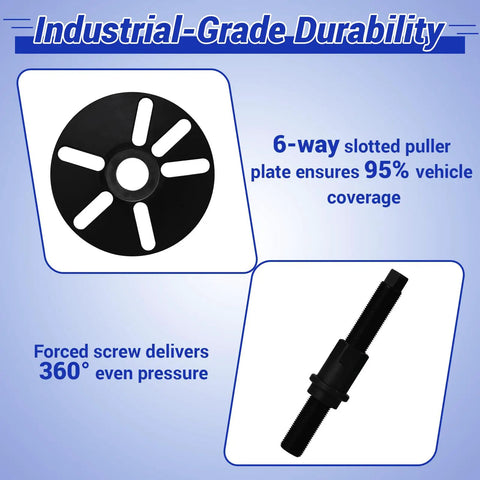 6-way slotted puller plate and forced screw for 59 Piece Harmonic Balancer Puller And Installer Kit For Crankshaft Pulleys And Steering Wheels Flywheel Remover With Metric And SAE Bolts Bearing Plate Washers And More All In One Compatible With Buick Regal Lacrosse GL8